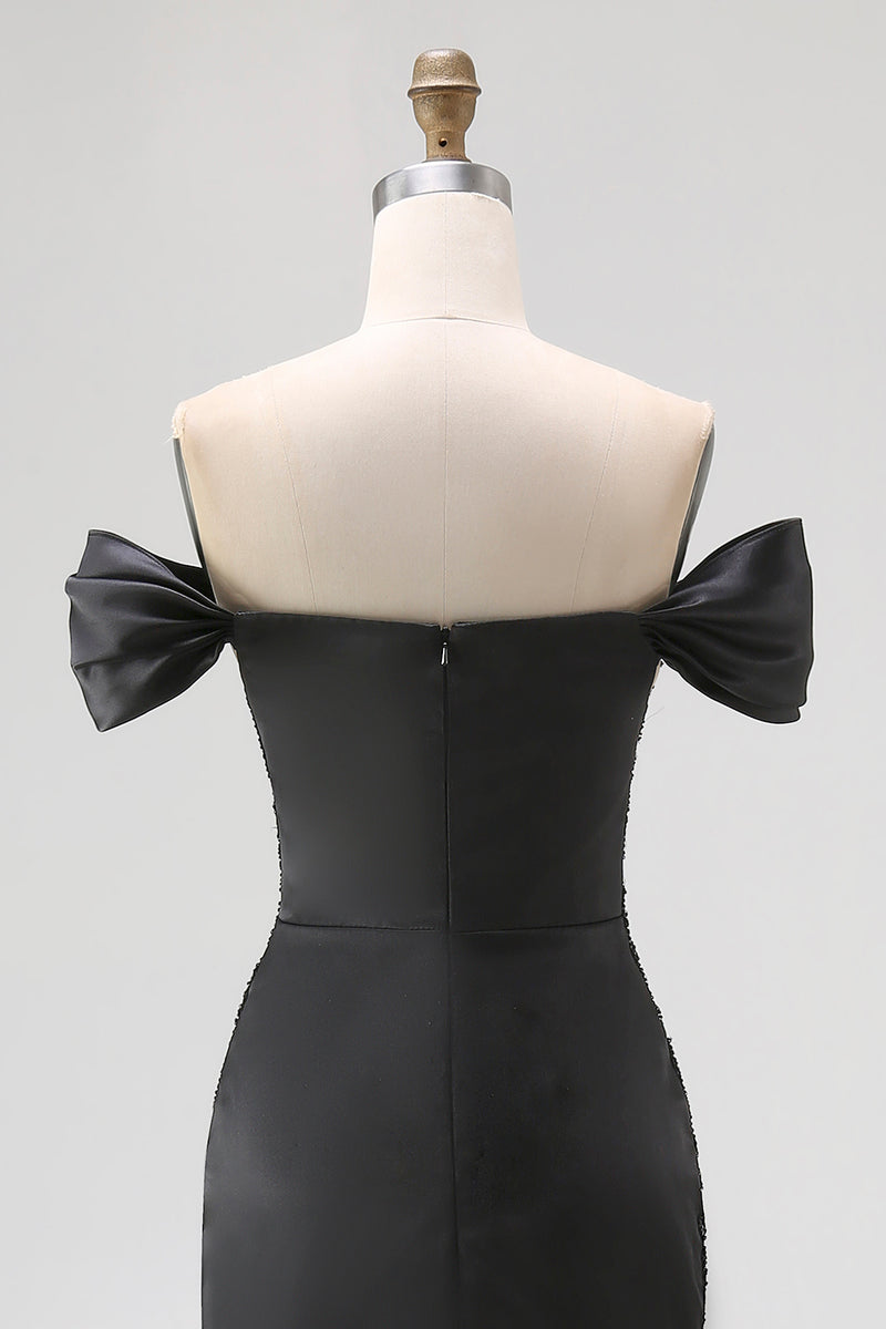 Load image into Gallery viewer, Satin Off the Shoulder Appliqued Long Black Tie Gala Dress with Slit