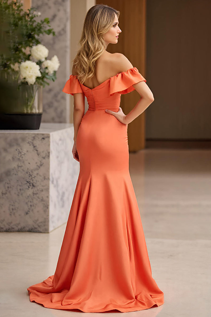 Load image into Gallery viewer, Orange Sheath Satin Off the Shoulder Prom Dress with Slit