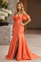 Load image into Gallery viewer, Orange Sheath Satin Off the Shoulder Prom Dress with Slit