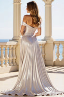 Load image into Gallery viewer, Metallic Silver A Line Off the Shoulder Prom Dress with Slit