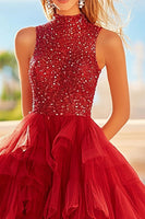 Load image into Gallery viewer, Sparkly Red A Line Tulle Tiered Prom Dress