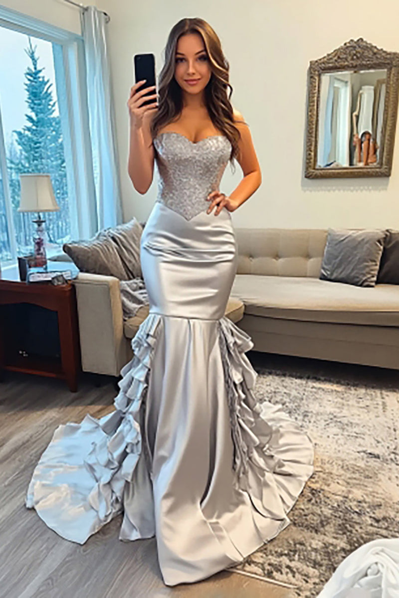 Load image into Gallery viewer, Sparkly Silver Mermaid Satin Sweetheart Long Prom Dress with Ruffles