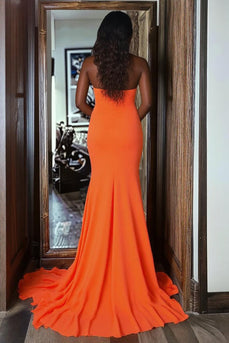 Orange Mermaid Satin Strapless Long Prom Dress with Slit