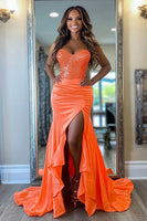 Load image into Gallery viewer, Sparkly Orange Mermaid Satin Sweetheart Long Prom Dress with Slit