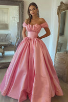 Load image into Gallery viewer, Pink A Line Satin Off the Shoulder Long Prom Dress