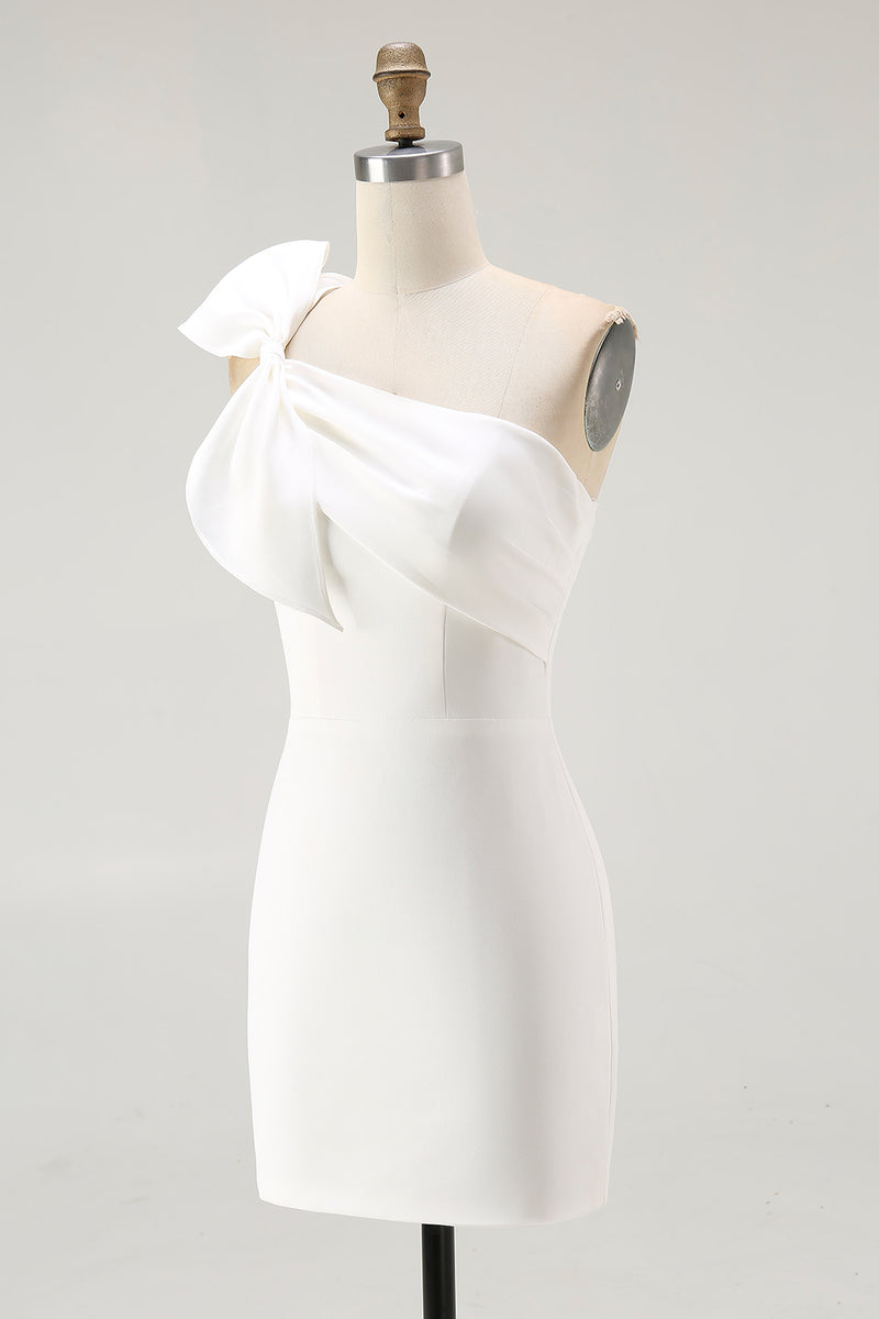 Load image into Gallery viewer, One Shoulder Satin Mini White Dress with Bow