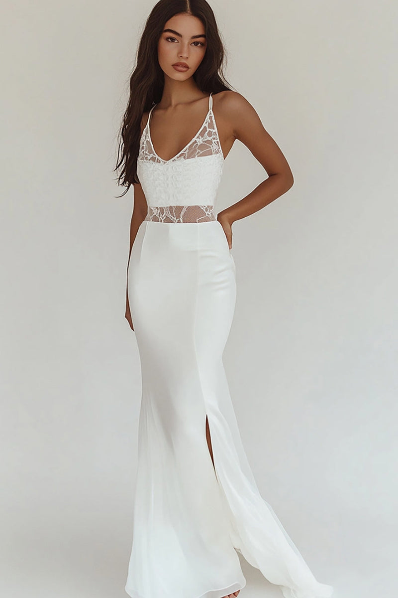 Load image into Gallery viewer, White Mermaid Satin V-Neck Engagement Dress with Slit
