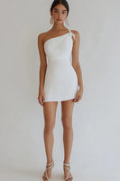 Load image into Gallery viewer, White Bodycon One Shoulder Graduation Dress with Bow