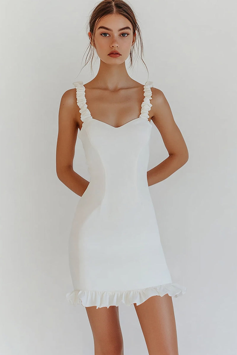 Load image into Gallery viewer, White Sheath Satin Spaghetti Straps Graduation Dress