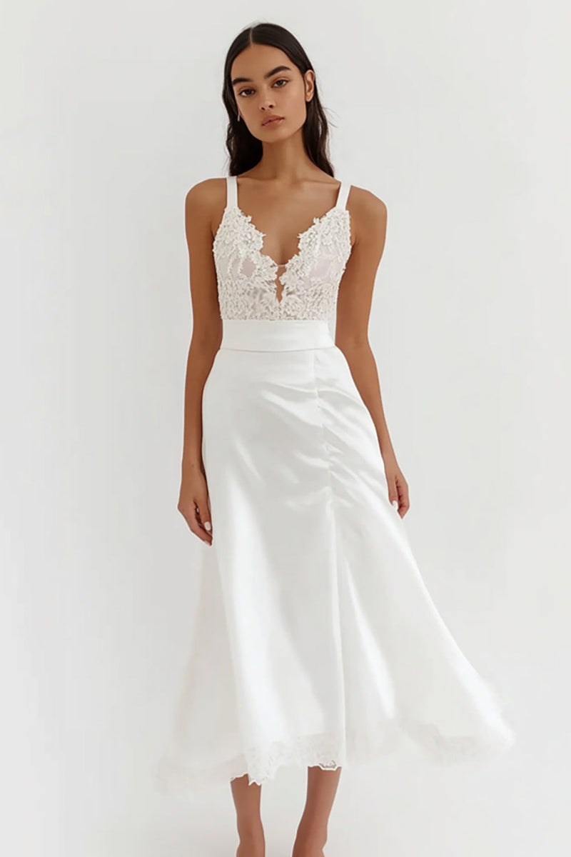 Load image into Gallery viewer, White Satin A Line Engagement Dress with Lace Appliques