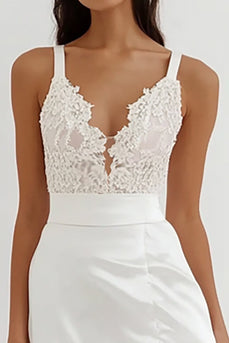 White Satin A Line Engagement Dress with Lace Appliques