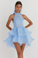 Load image into Gallery viewer, Sky Blue Tulle A Line Halter Backless Graduation Dress