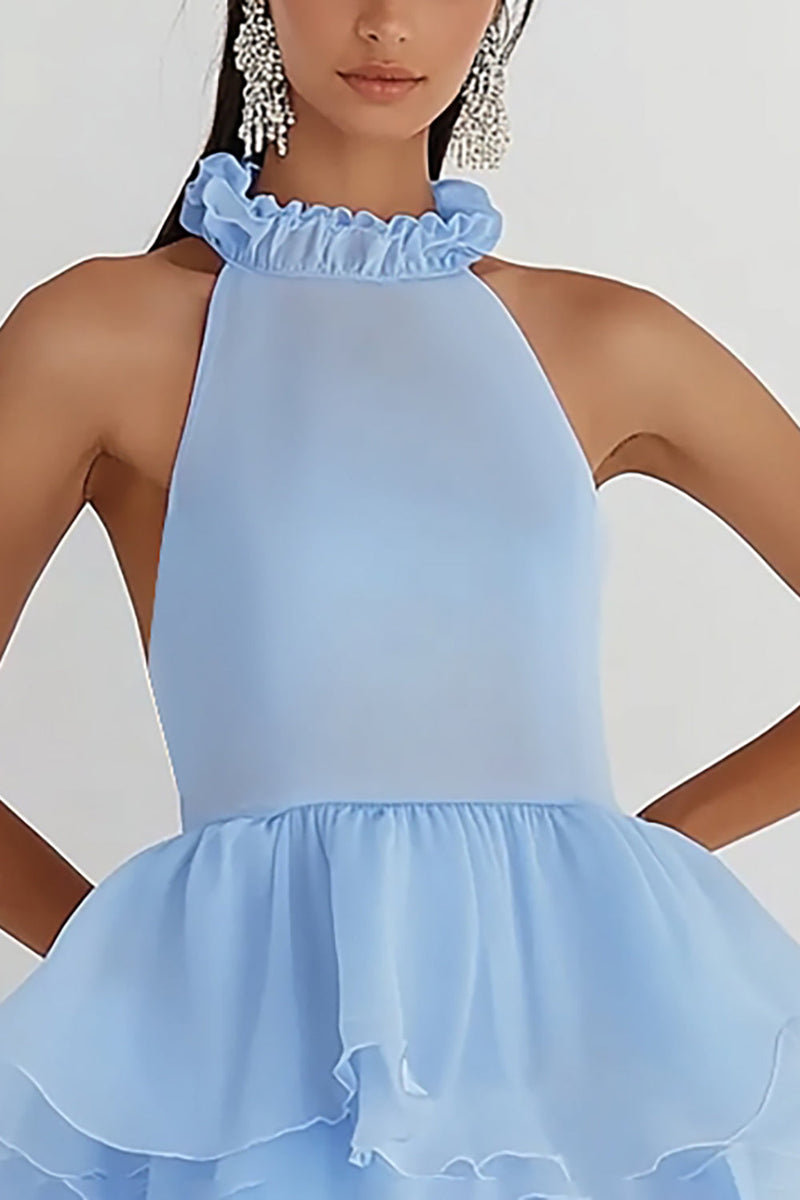 Load image into Gallery viewer, Sky Blue Tulle A Line Halter Backless Graduation Dress