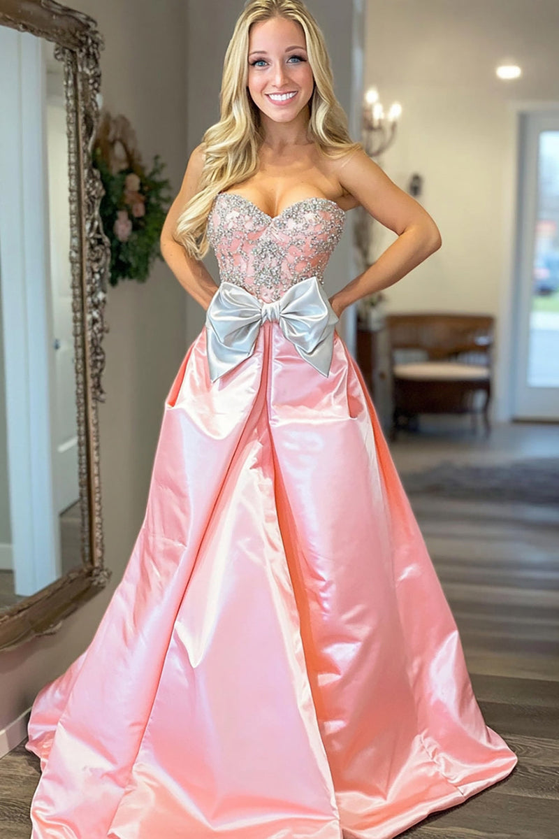 Load image into Gallery viewer, Pink A Line Satin Sweetheart Long Prom Dress with Bow