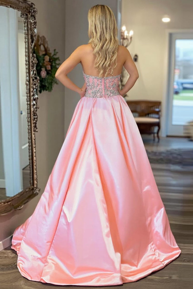 Load image into Gallery viewer, Pink A Line Satin Sweetheart Long Prom Dress with Bow