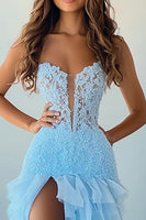 Load image into Gallery viewer, Sky Blue Chiffon A Line V-Neck Long Prom Dress with Slit