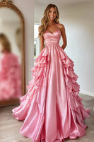 Load image into Gallery viewer, Pink Satin A Line Sweetheart Long Prom Dress with Ruffles