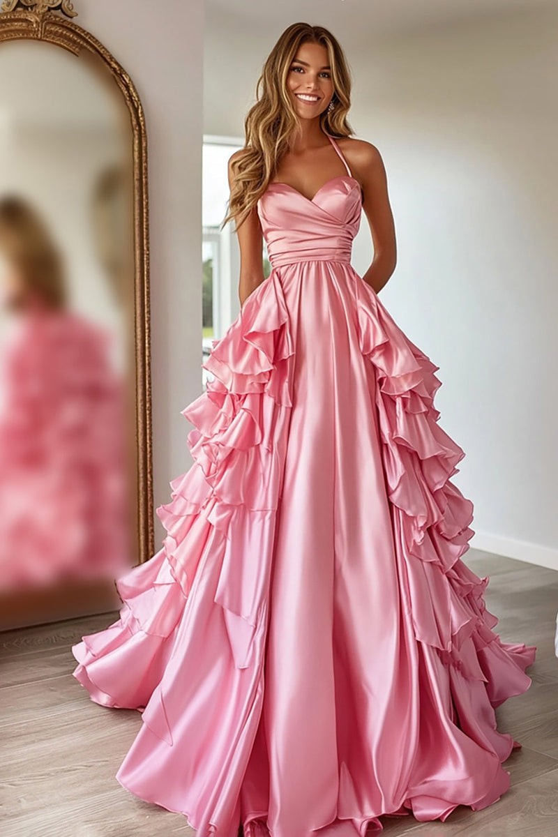Load image into Gallery viewer, Pink Satin A Line Sweetheart Long Prom Dress with Ruffles