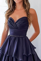 Load image into Gallery viewer, Navy Chiffon A Line Sweetheart Tiered Long Prom Dress