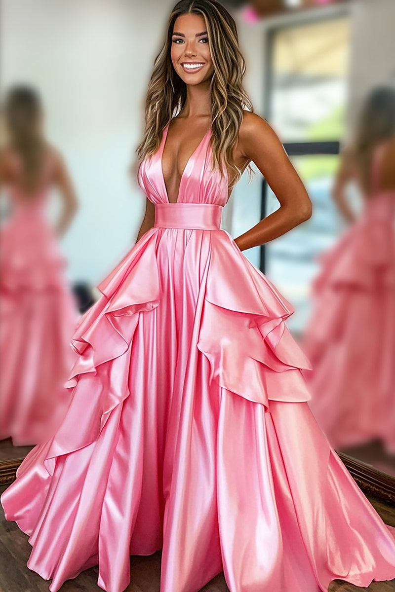 Load image into Gallery viewer, Pink Satin A Line V-Neck Long Prom Dress with Ruffles