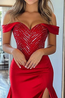Load image into Gallery viewer, Red Satin Mermaid Off the Shoulder Long Prom Dress with Slit