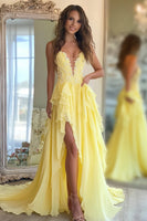 Load image into Gallery viewer, Daffodil Chiffon A Line Ruffled Long Prom Dress with Slit