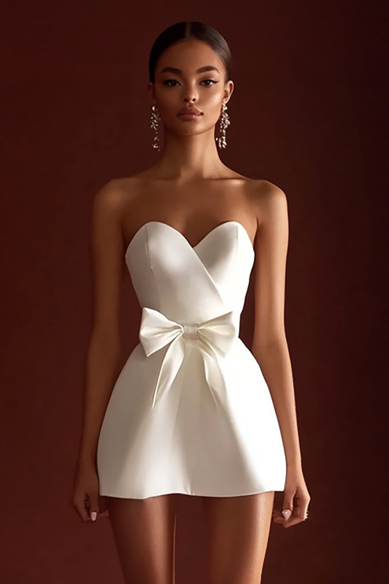 Load image into Gallery viewer, Satin A Line Strapless Sweetheart Little White Dress with Bow
