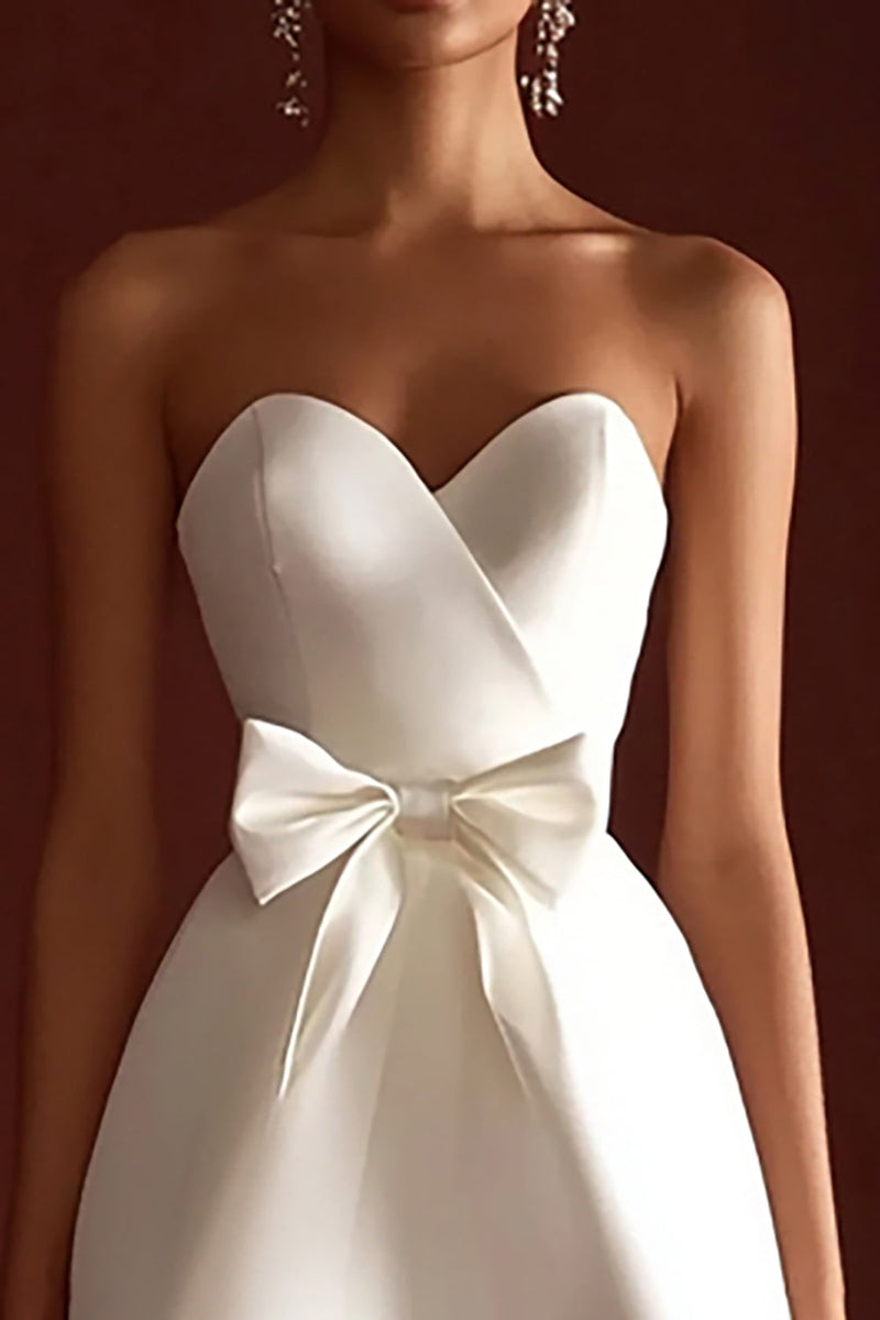 Load image into Gallery viewer, Satin A Line Strapless Sweetheart Little White Dress with Bow