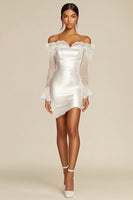 Load image into Gallery viewer, Satin Off the Shoulder Sheath Little White Dress with Lace Sleeves
