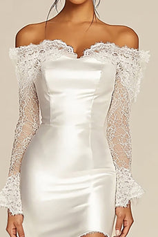 Satin Off the Shoulder Sheath Little White Dress with Lace Sleeves