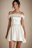 Load image into Gallery viewer, Satin Off the Shoulder A Line Little White Dress