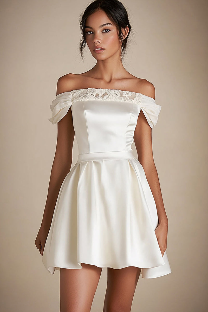 Load image into Gallery viewer, Satin Off the Shoulder A Line Little White Dress