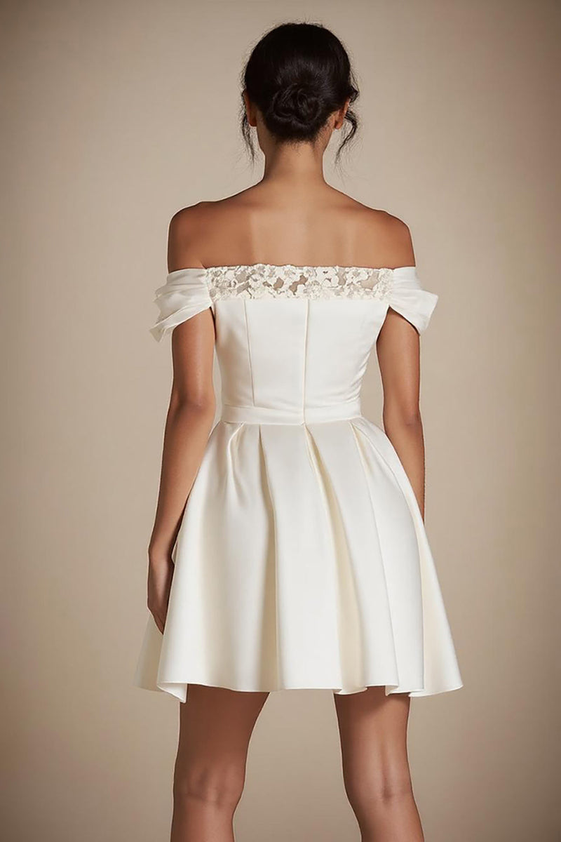 Load image into Gallery viewer, Satin Off the Shoulder A Line Little White Dress