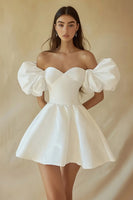 Load image into Gallery viewer, Satin A Line Off the Shoulder Little White Dress with Ruffles