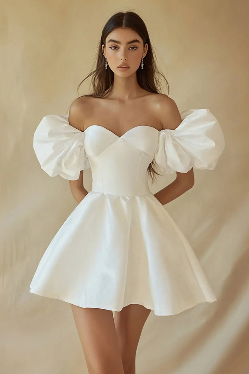 Load image into Gallery viewer, Satin A Line Off the Shoulder Little White Dress with Ruffles