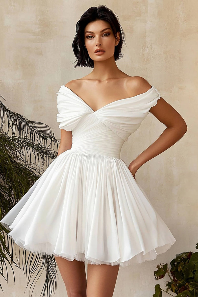 Load image into Gallery viewer, Chiffon Pleated A Line Little White Dress with Ruffles