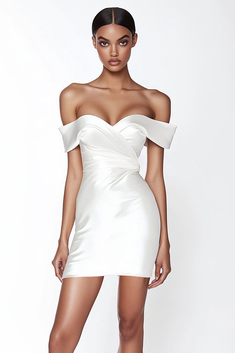 Load image into Gallery viewer, Satin Sweetheart Off the Shoulder Ruched Sheath Little White Dress