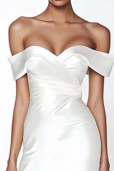 Satin Sweetheart Off the Shoulder Ruched Sheath Little White Dress