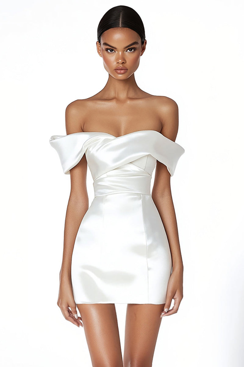 Load image into Gallery viewer, Satin Ruched Off the Shoulder Sheath Little White Dress