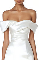 Load image into Gallery viewer, Satin Ruched Off the Shoulder Sheath Little White Dress