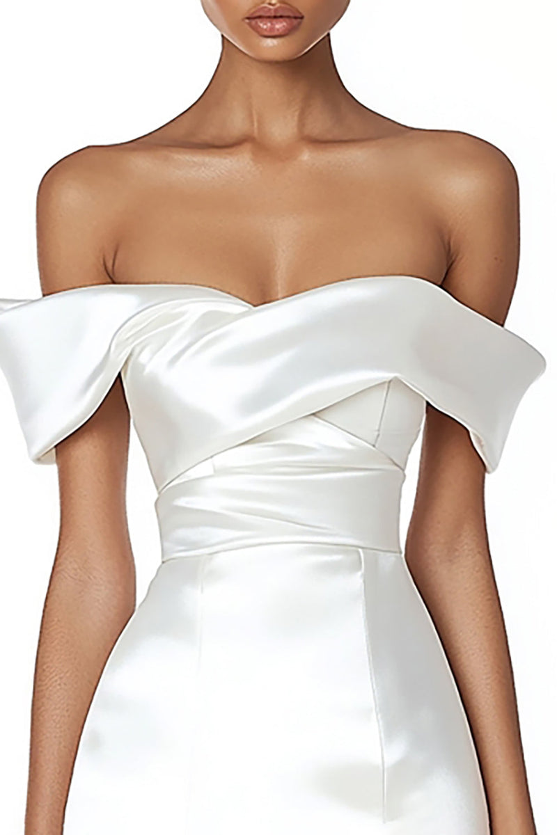 Load image into Gallery viewer, Satin Ruched Off the Shoulder Sheath Little White Dress