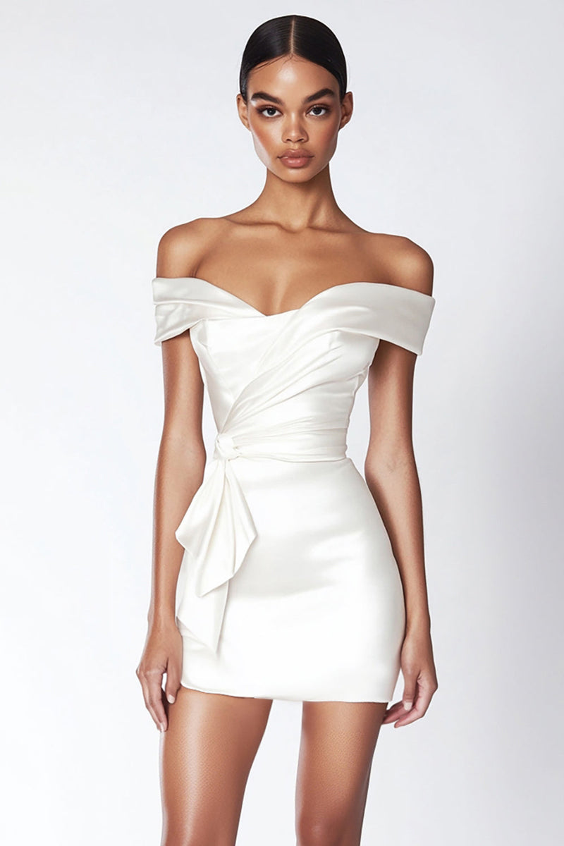 Load image into Gallery viewer, Sheath Satin Ruched Off the Shoulder Little White Dress with Ruffles