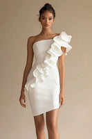 Load image into Gallery viewer, One Shoulder Sheath Little White Dress with Ruffles