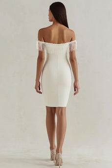 White Satin Bodycon Off the Shoulder Graduation Dress with Fringes