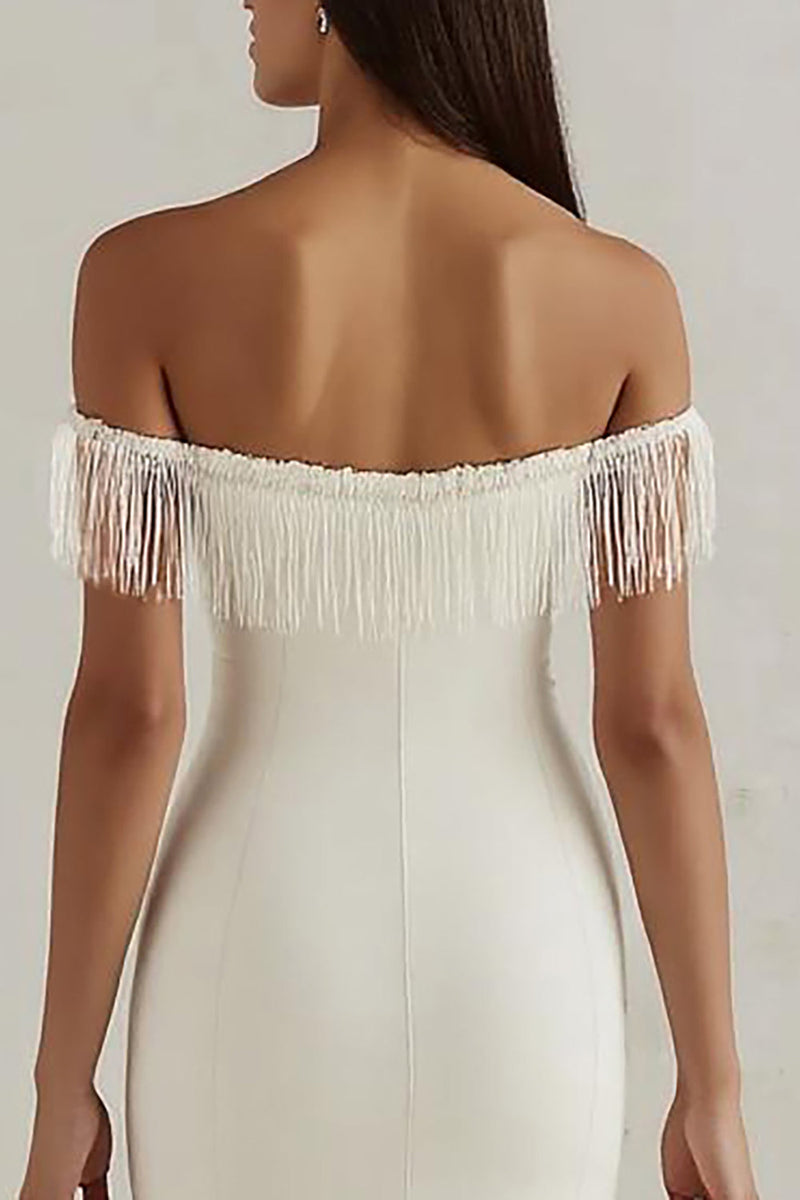 Load image into Gallery viewer, White Satin Bodycon Off the Shoulder Graduation Dress with Fringes
