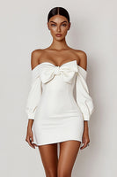 Load image into Gallery viewer, Women White Bodycon Satin Off the Shoulder White Wedding Dress with Bow Long Sleeves Little White Dress
