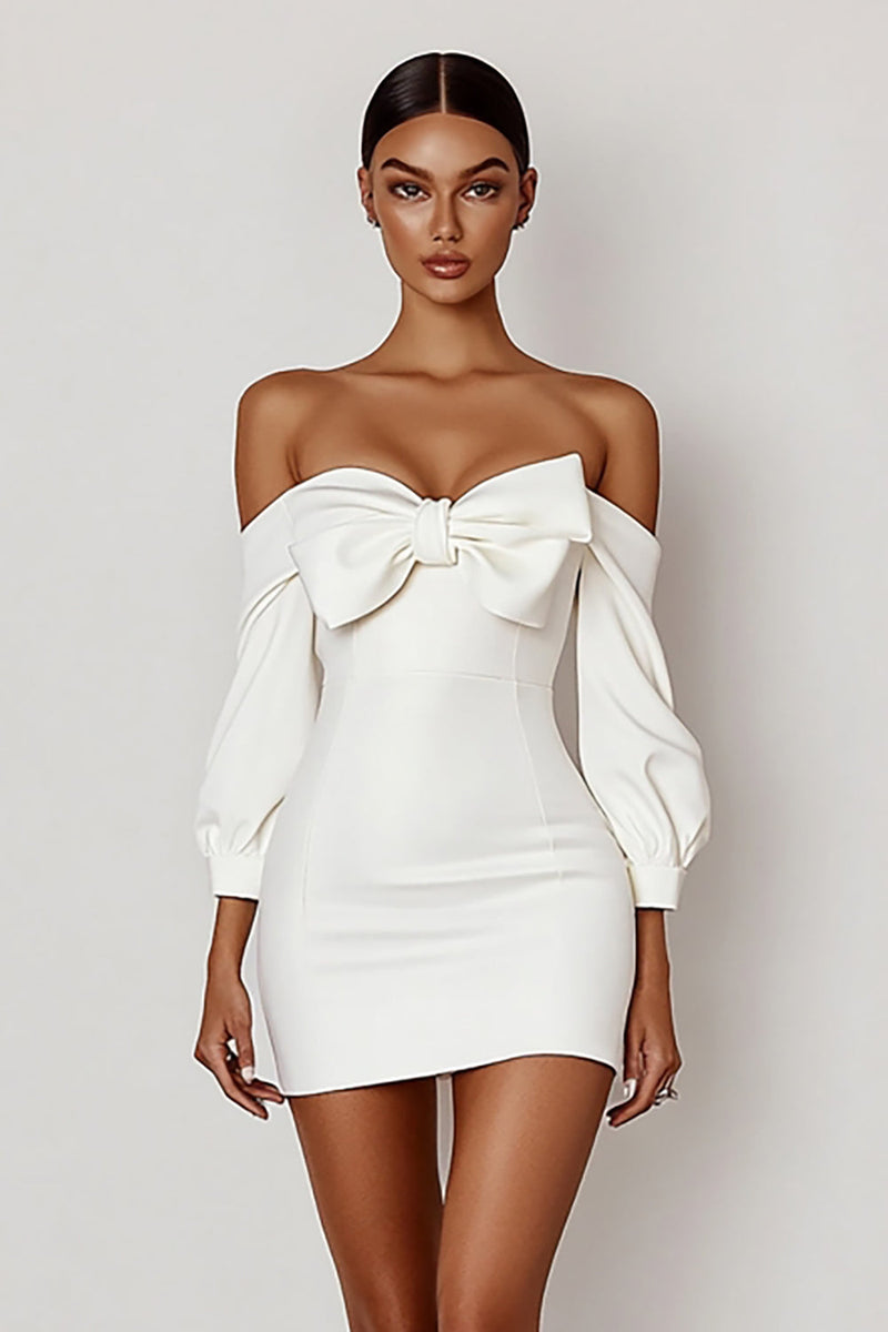 Load image into Gallery viewer, Women White Bodycon Satin Off the Shoulder White Wedding Dress with Bow Long Sleeves Little White Dress