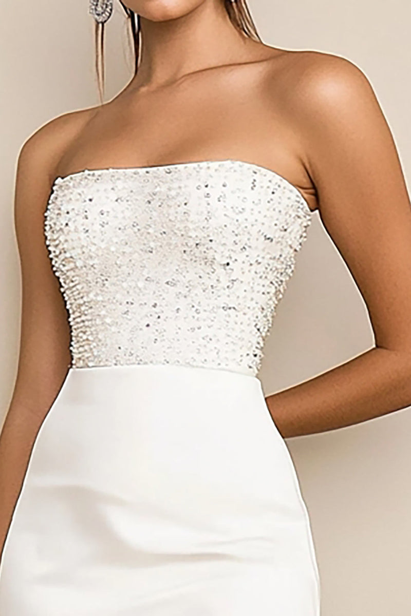 Load image into Gallery viewer, White Sparkly Bodycon Satin Graduation Dress with Beading