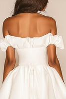 Load image into Gallery viewer, White A Line Off the Shoulder Ruffled Satin Bridal Shower Dress
