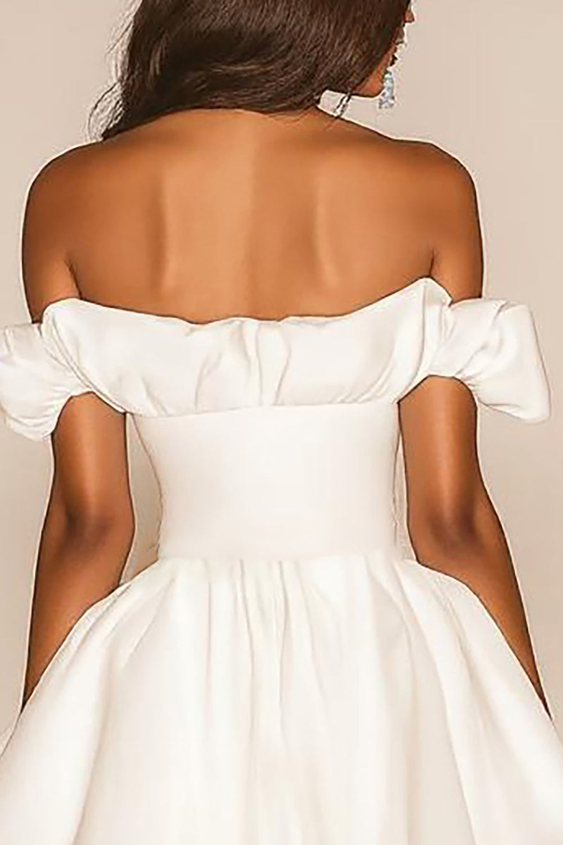 Load image into Gallery viewer, White A Line Off the Shoulder Ruffled Satin Bridal Shower Dress